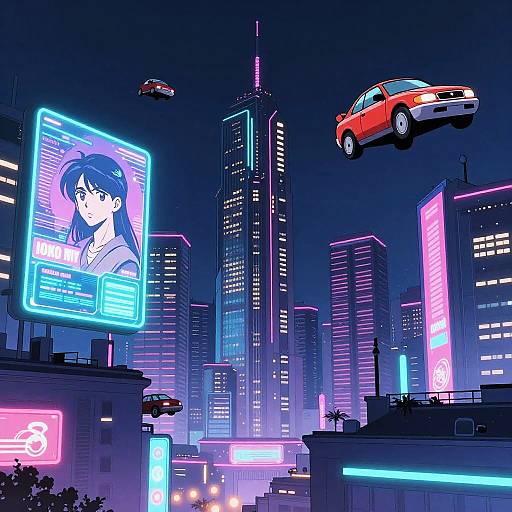 Neon-lit cyberpunk cityscape at night, featuring flying red car, digital billboard with anime girl, and vibrant skyscrapers in blue,