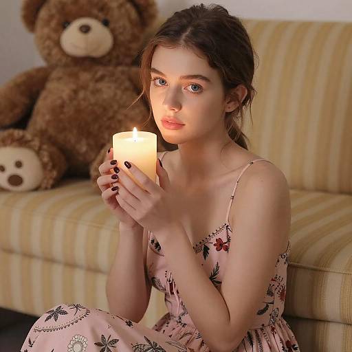 Young Woman with Candle on Striped Couch