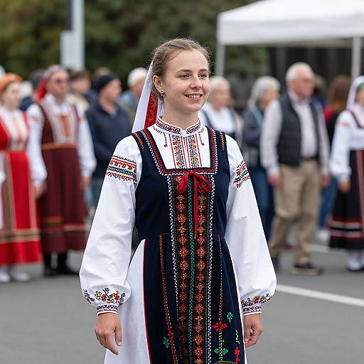 Photograph of a smiling young girl in traditional white blouse and black embroidered dress, standing in a blurred crowd at an outdoor cultural event.