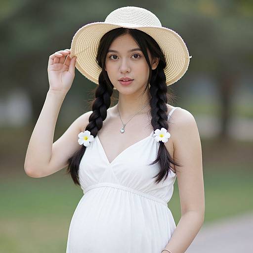 Photograph of an Asian woman with long black braids, wearing a white sundress, straw hat, and white daisy hair clips, standing in