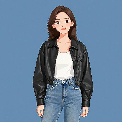 Digital illustration of a smiling Asian woman with long brown hair, wearing a black leather jacket, white top, and blue jeans, against a solid blue background