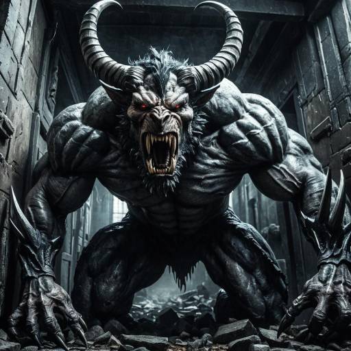 Giant Muscular Horned Monster in Ruined Corridor