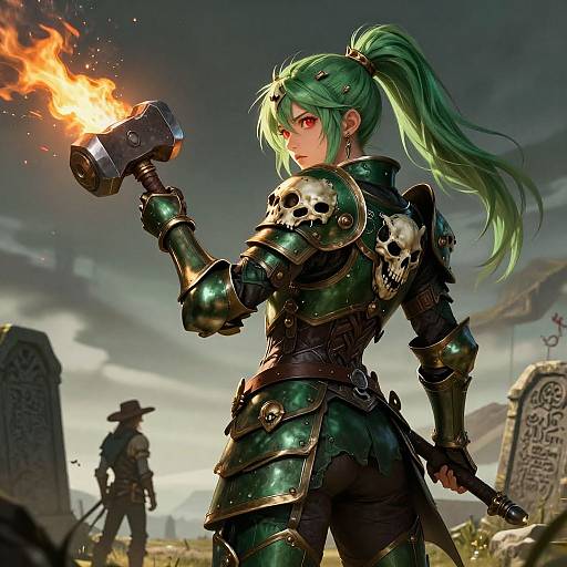 Digital artwork: Green-haired warrior with long ponytail, wearing black and green skull-adorned armor, holding flaming hammer, standing in a stormy