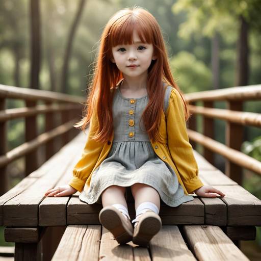 Portrait of Red-Haired Toddler Girl on Wooden Bridge
