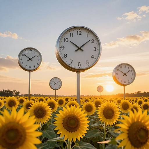 Photograph of a sunlit sunflower field with five round clock faces displaying different times, all set against a golden sunset sky.
