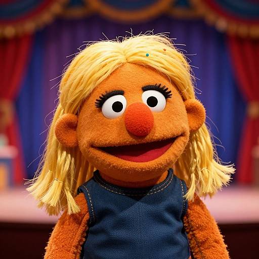 Photograph of Elmo-like puppet with orange fur, blonde wig, large red nose, black sleeveless shirt, and wide smile on stage with blue