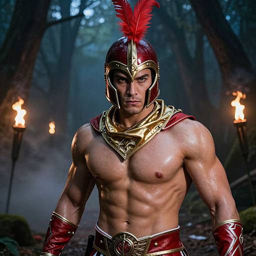 Photograph of a muscular, shirtless man in ancient Roman-style armor with a red feathered helmet, standing in a misty forest with torches