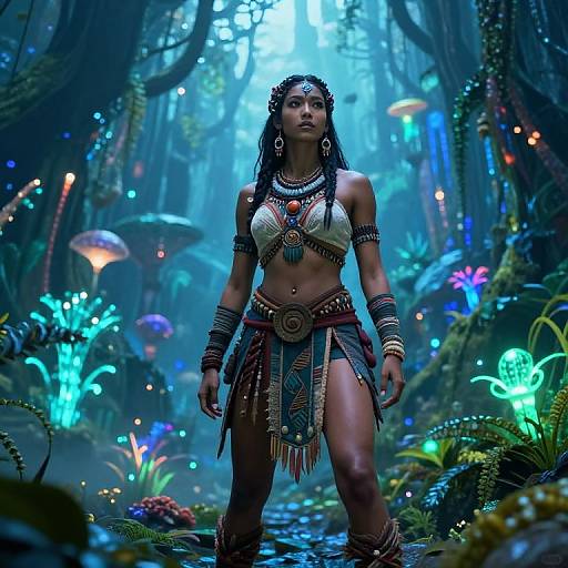 Photorealistic CGI of a fierce, dark-skinned woman in tribal attire, adorned with jewelry, standing in a glowing, enchanted forest with biolum