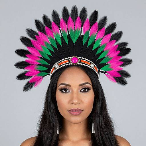 Photograph of a young woman with long black hair, wearing a vibrant Native American-style headdress with black, pink, and green feathers, and a