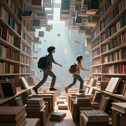 Photograph-like digital artwork of two children with backpacks running through a library aisle filled with floating books, sunlight streaming from the background.