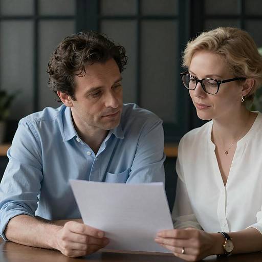 Middle-aged couple reviewing document together