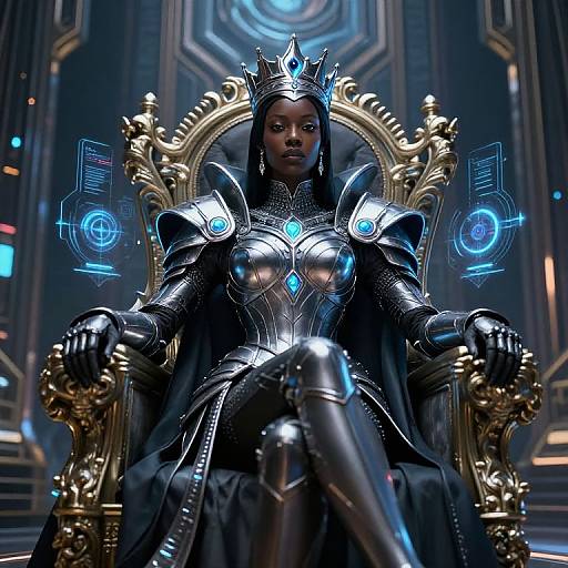 Digital artwork of a regal, dark-skinned woman with glowing blue armor and crown, seated on an ornate golden throne, surrounded by blue holog