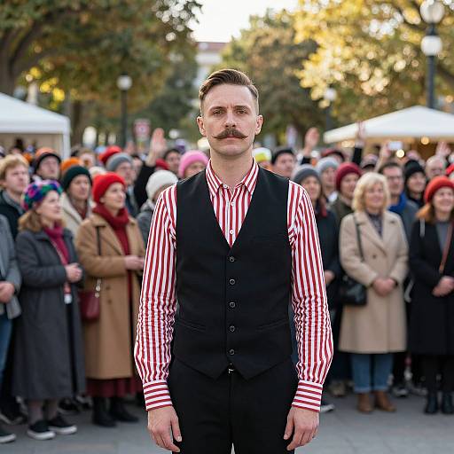 Confident Man Standing in Crowded Public Square