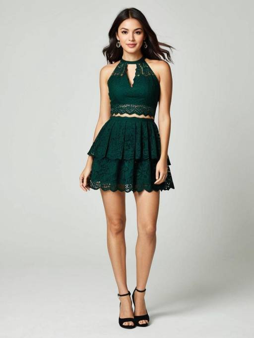 Woman in Forest Green Lace Cocktail Dress