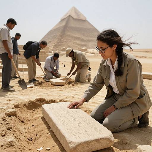 Photograph of a group of archaeologists, including a focused woman with glasses and braided hair, excavating a large stone slab in front of an