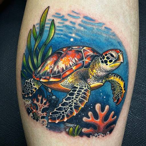 Vibrant tattoo of a colorful sea turtle with detailed scales, swimming among green seaweed and coral in a blue underwater scene.