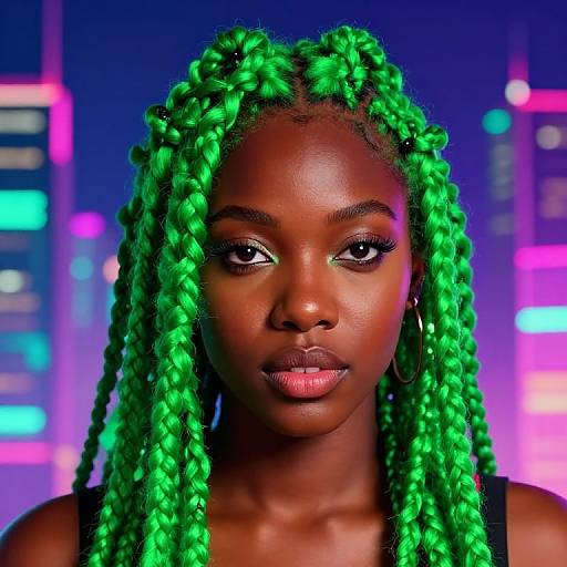 Photograph of a dark-skinned woman with bright green braided hair, wearing hoop earrings, set against a neon-lit cityscape background.