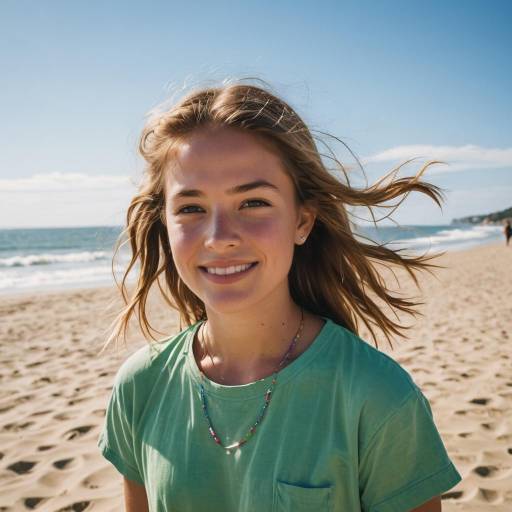 Happy Teen Girl on Beach Raising Hands