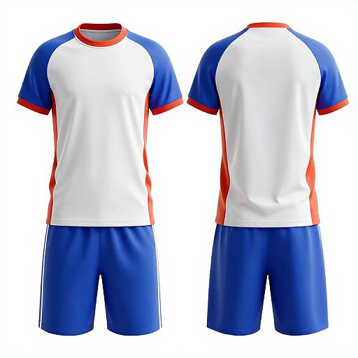 Photograph of a white and blue athletic shirt with red accents, paired with blue shorts, shown from front and back.