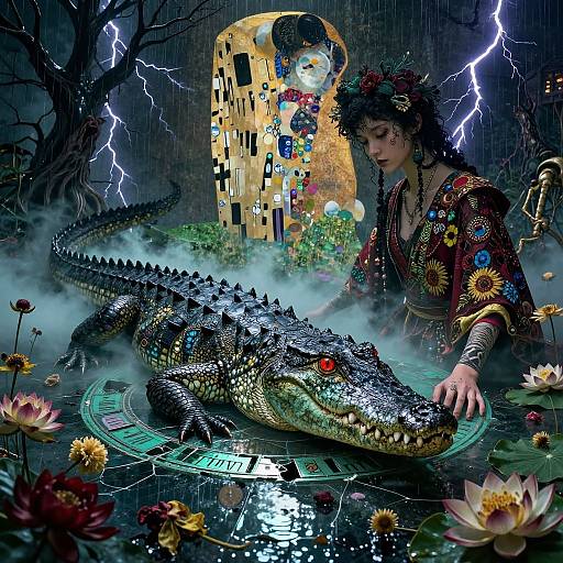 Digital artwork: A woman in colorful, floral kimono touches a glowing, red-eyed alligator in a stormy, moonlit, flower-filled pond