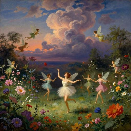 Fantastical painting of four fairy-like women with translucent wings dancing in a vibrant flower garden at sunset, surrounded by colorful flowers and small flying fairies