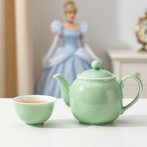 Photorealistic CGI: Blurred Princess in blue gown with puffed sleeves stands in background, while green teapot and matching cup sit in foreground on