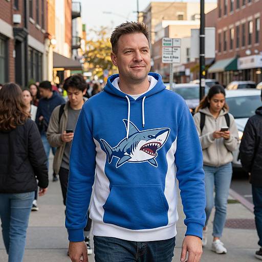 Man in Shark Hoodie on Busy Sidewalk