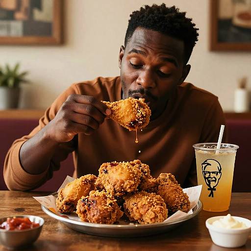 Photograph of a Black man with short curly hair, brown shirt, eating crispy fried chicken nuggets, with a drink and small dishes in a cozy