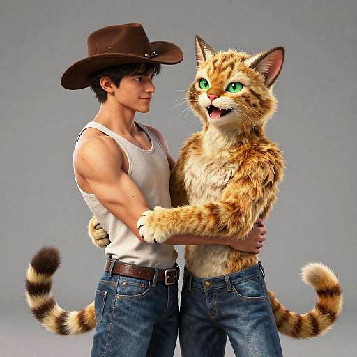 Cowboy and Feline Humanoid Hugging