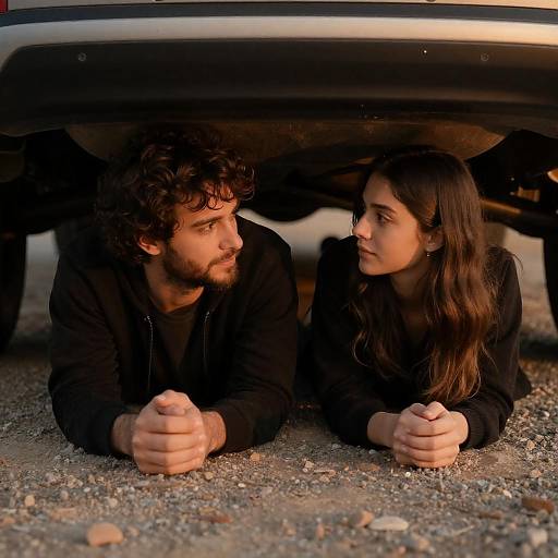 Couple lying under car on gravel