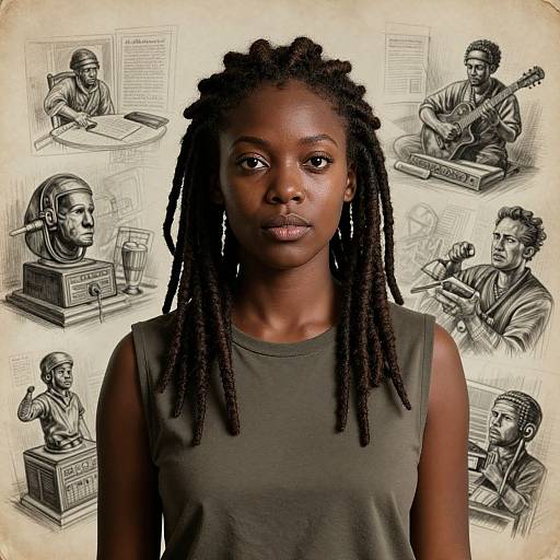 Photograph of a young Black woman with dark skin and long dreadlocks, wearing a sleeveless gray top, surrounded by detailed black-and-white sketches of