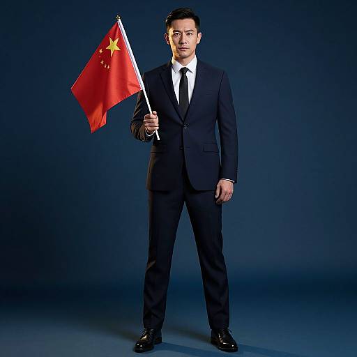 Photograph of a serious Asian man in a black suit, white shirt, and black tie, holding a Chinese flag, standing against a dark blue background