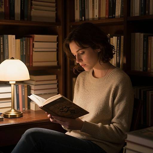 Photograph of a woman with wavy dark hair, wearing a beige knit sweater, reading a book in a dimly lit library, illuminated by a