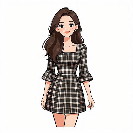 Chic Smiling Woman in Checked Dress