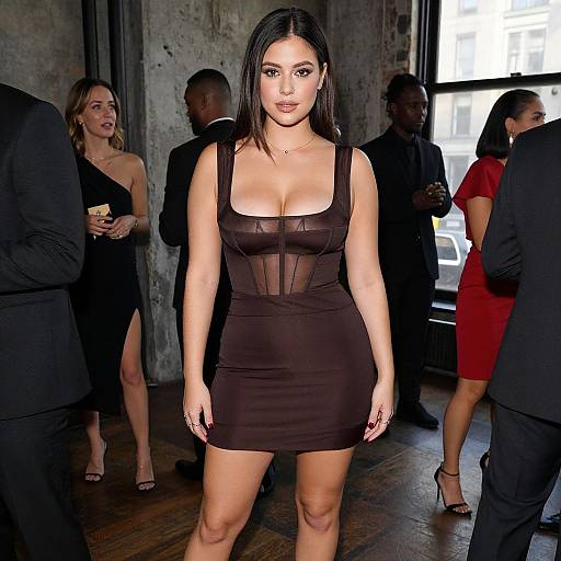 Photograph of a Latina woman with shoulder-length black hair, wearing a sheer black dress, standing in a dimly lit industrial-style room with other people
