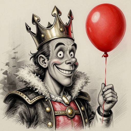 Digital drawing of a grinning, cartoonish king wearing a golden crown, fur-trimmed robe, holding a red balloon. Monochromatic with