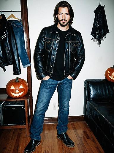 Photograph of a bearded man with medium-length brown hair, wearing a black leather jacket, black shirt, blue jeans, and black boots, standing