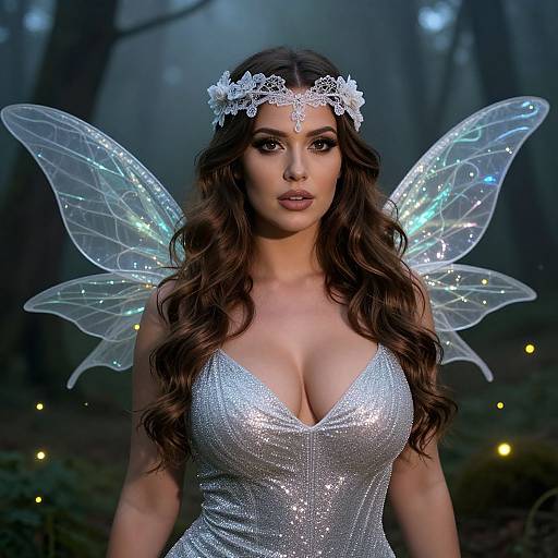 Photograph of a fair-skinned, brunette fairy woman with long wavy hair, wearing a sparkling silver dress, lace headband, and transparent,
