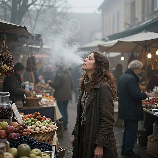 Photograph of a woman with wavy brown hair, smoking, standing in a misty outdoor market, surrounded by colorful fruits and blurred shoppers.