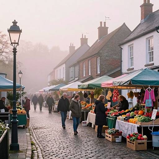 Photograph of a misty, cobblestone street market with green canopy stalls selling fresh produce, people in coats, and historic brick buildings in the