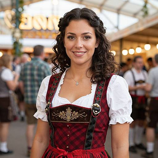 Photograph of a smiling woman with curly dark hair, wearing a white blouse and red plaid dirndl with gold embroidery, standing in a bustling outdoor