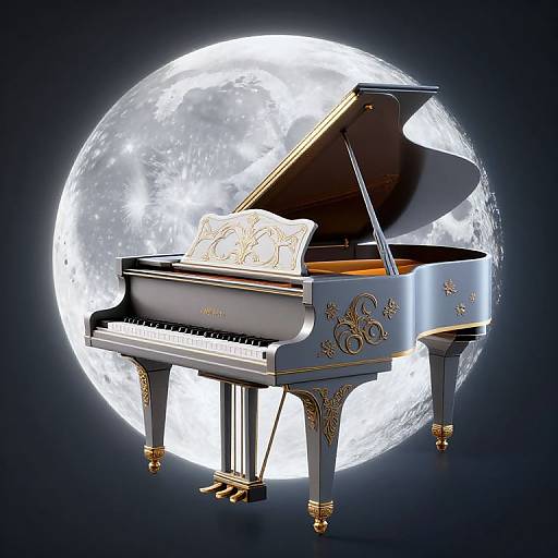 Digital artwork of a luxurious, silver grand piano with gold accents and intricate designs, positioned in front of a glowing full moon.