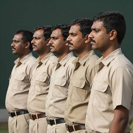 Five Men in Beige Uniforms: Side Profile