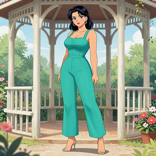 Digital anime-style drawing of a curvy woman with black hair in a turquoise jumpsuit and heels, standing in a sunlit, floral garden gazebo
