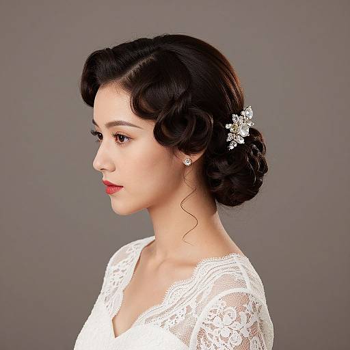 Photograph of an Asian woman with fair skin, red lipstick, and dark wavy hair in an elegant bun, adorned with a white flower, wearing