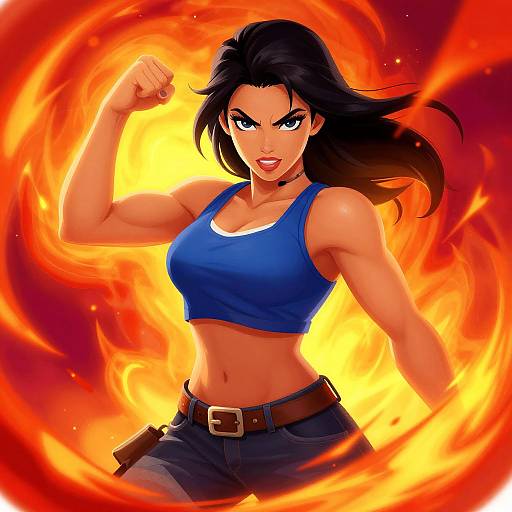 Digital anime-style drawing of a muscular, dark-haired woman with blue tank top and denim shorts, surrounded by intense, swirling flames, raising her fist confidently