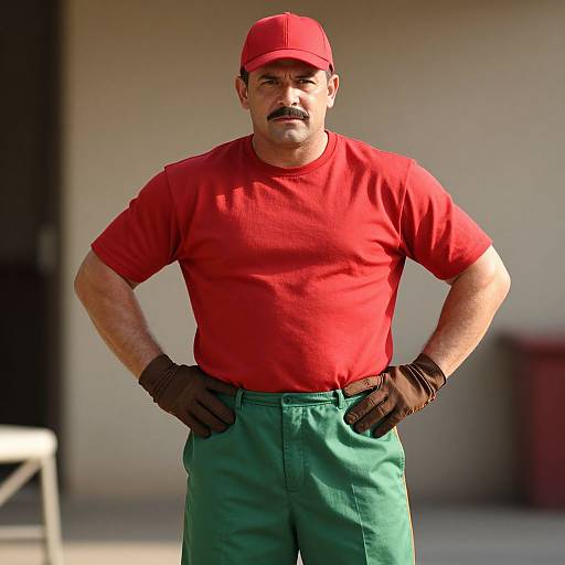 Photograph of a middle-aged man with a mustache, wearing a red shirt, green pants, red cap, and brown gloves, standing with hands