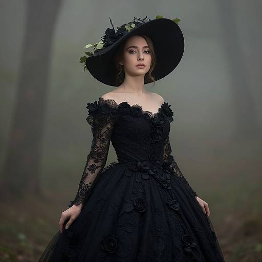 Photograph of a pale-skinned woman in a black, lace Victorian dress and wide-brimmed hat with floral accents, standing in a foggy