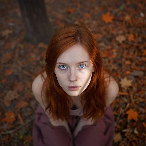 Photograph of a pale-skinned, red-haired woman with striking blue eyes, looking up from an autumn forest floor covered in orange leaves. She's