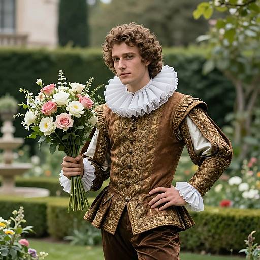 Photograph of a young, curly-haired man in Renaissance-style brown velvet and gold embroidery outfit with white ruffled collar, holding a bouquet of pink and
